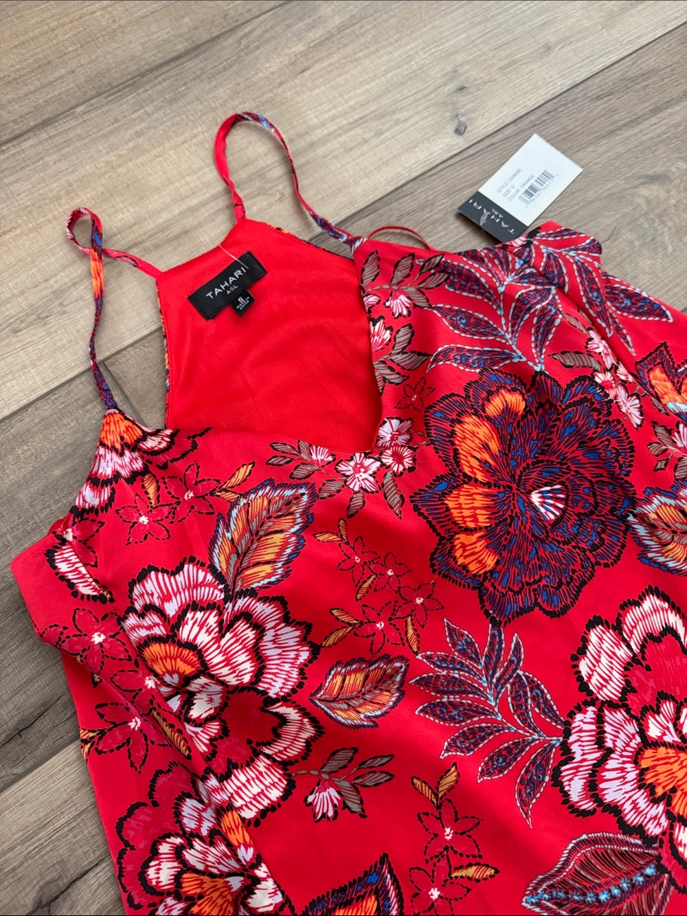 NWT! Tahari Red Floral Spaghetti-Strap Satin Midi Sundress Size S